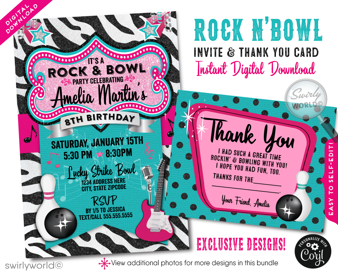 Step into the spotlight with our Rock and Bowl Kaoroke Birthday Party Invitation and Thank You Card Digital Download! These vibrant and stylish designs are tailor-made for tween girls who love bowling and rock 'n' roll music. Featuring a striking color palette of hot pink, teal blue, silver, and black