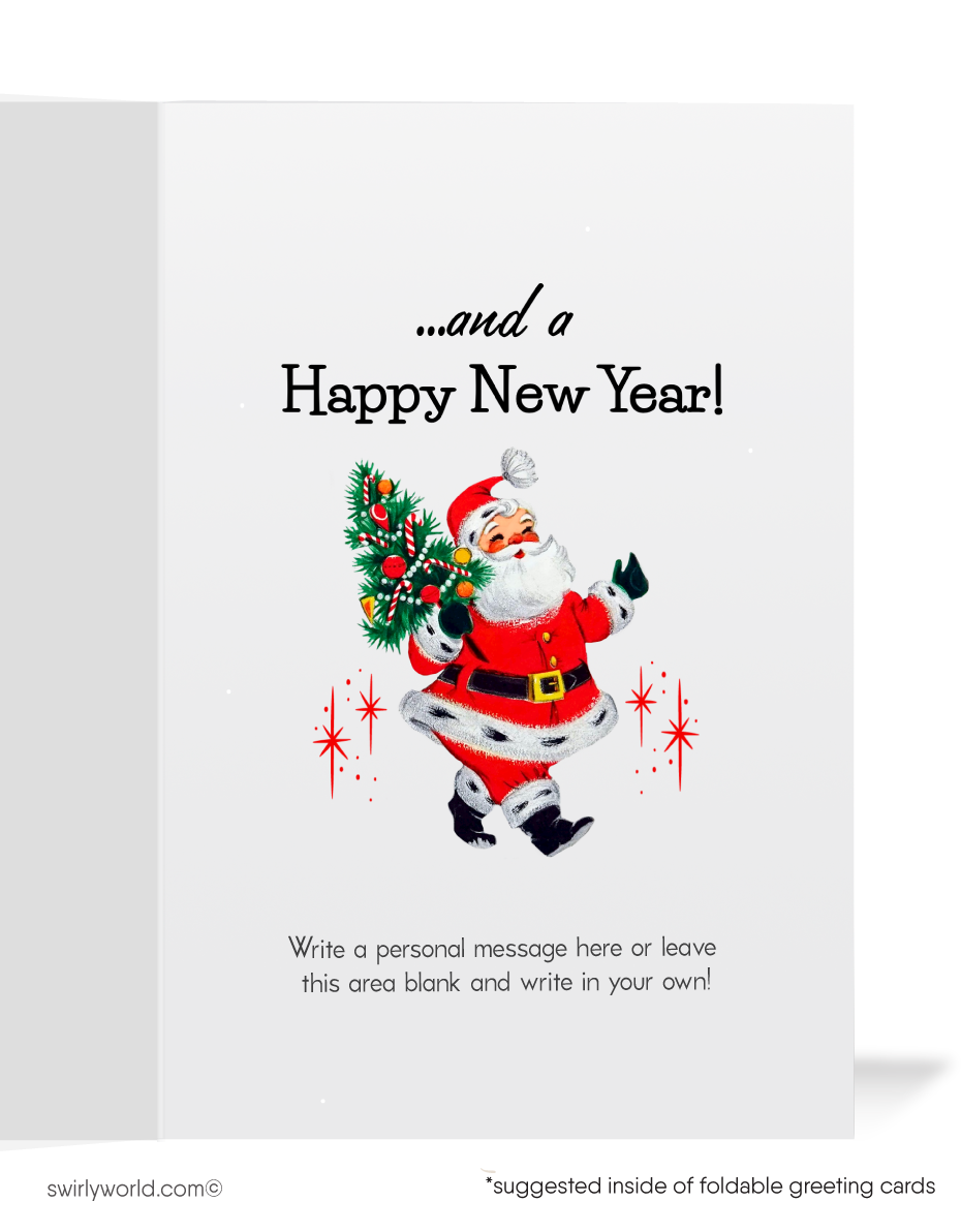 Vintage Christmas Card – Kitschy Santa with Reindeer Singing "We Wish You a Merry Christmas"