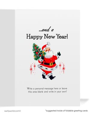 Vintage Christmas Card – Kitschy Santa with Reindeer Singing "We Wish You a Merry Christmas"
