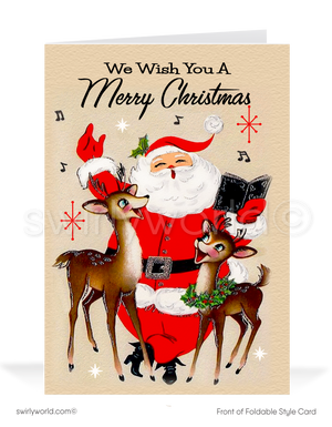 Vintage Christmas Card – Kitschy Santa with Reindeer Singing "We Wish You a Merry Christmas"
