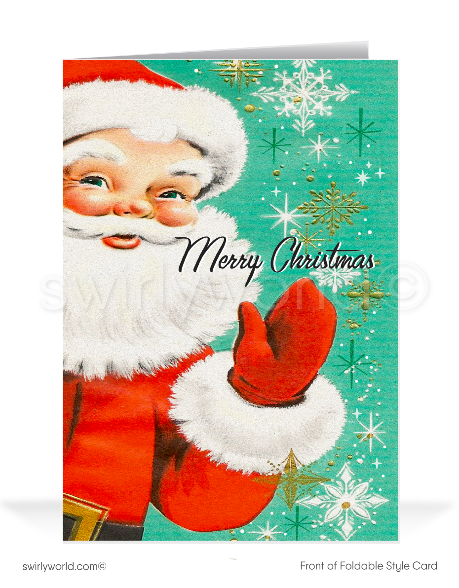 Celebrate vintage charm with a 1950s retro Christmas card featuring a kitschy Santa Claus, atomic starbursts, and a cheerful "Merry Christmas" message!