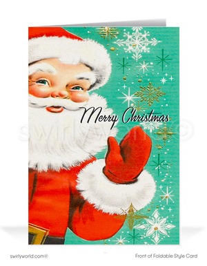 Celebrate vintage charm with a 1950s retro Christmas card featuring a kitschy Santa Claus, atomic starbursts, and a cheerful "Merry Christmas" message!