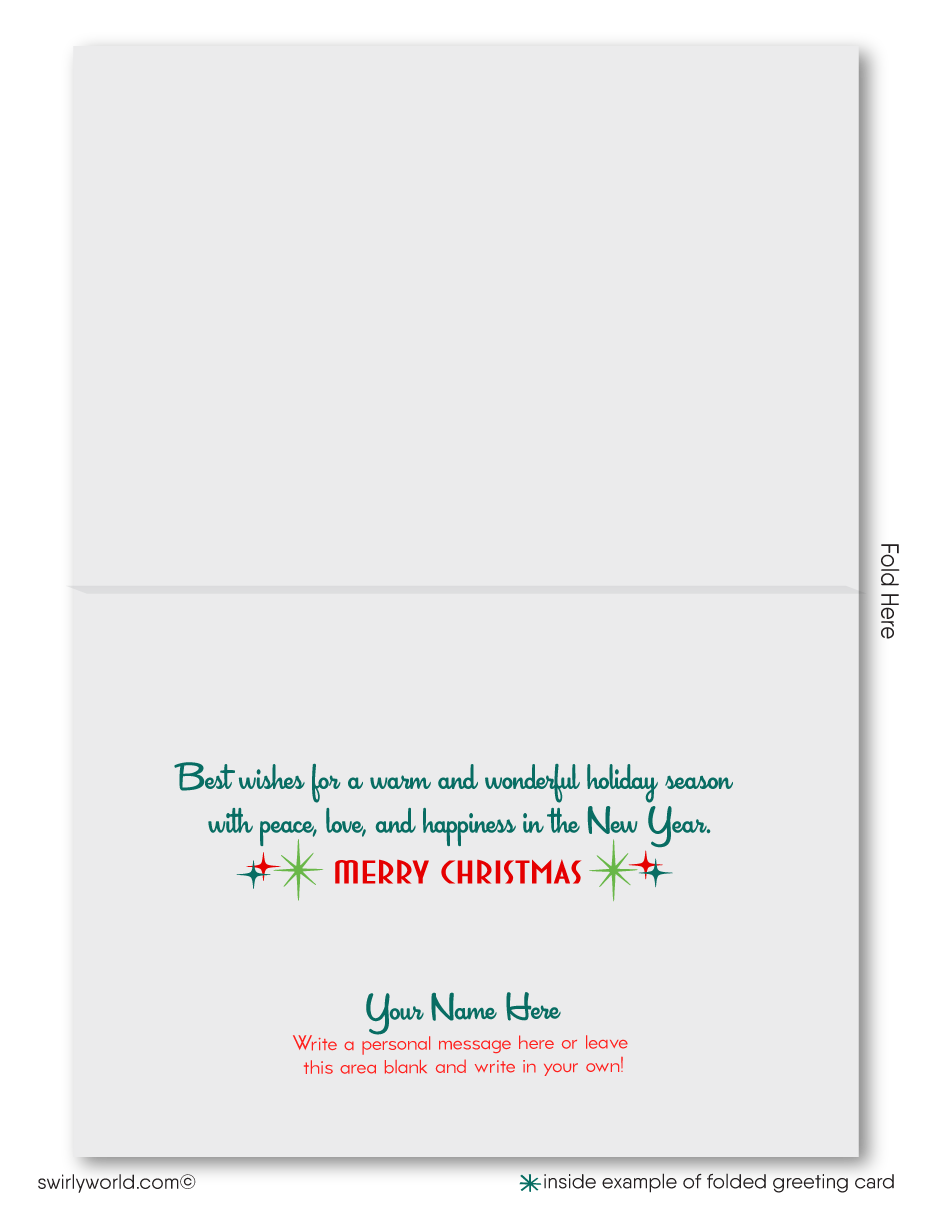 Vintage Christmas cards with a holly motif, candy cane "Christmas Greetings," and retro starbursts. Personalize with a custom message for a nostalgic holiday touch.