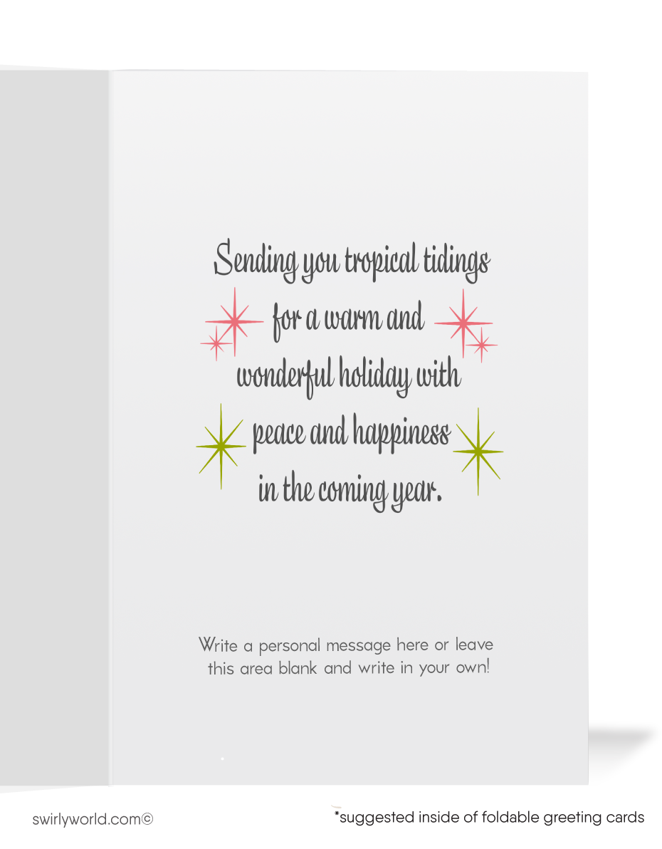 Tropical Vintage Christmas Card with Pink Flamingos, Palm Trees, Retro Atomic Starbursts, and 1950s Mid-Century Modern Design