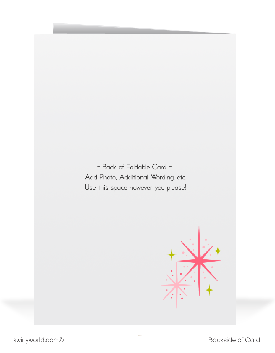 Tropical Vintage Christmas Card with Pink Flamingos, Palm Trees, Retro Atomic Starbursts, and 1950s Mid-Century Modern Design