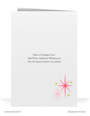 Tropical Vintage Christmas Card with Pink Flamingos, Palm Trees, Retro Atomic Starbursts, and 1950s Mid-Century Modern Design