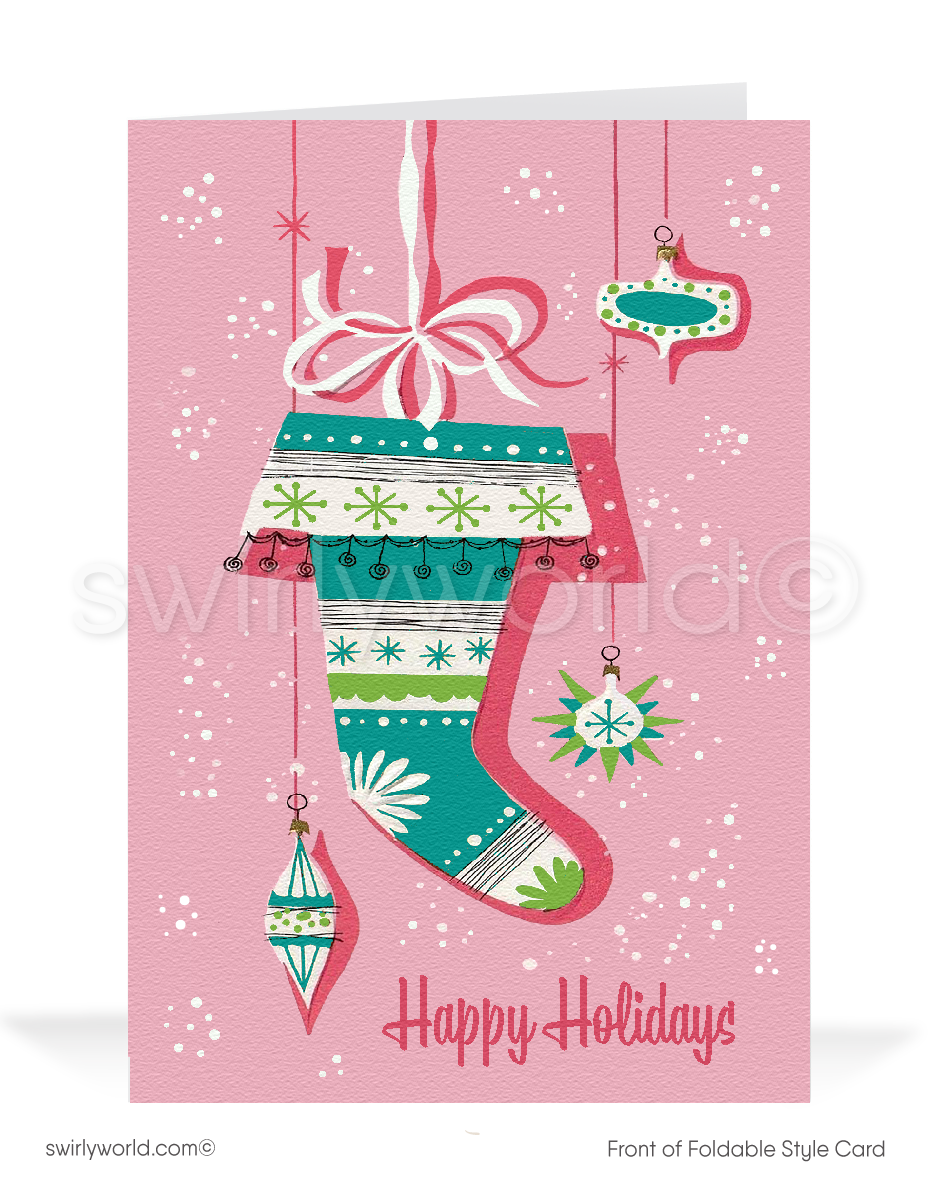 Atomic Starbursts Retro Pink Mid-Century Modern Vintage MCM Christmas Holiday Cards
