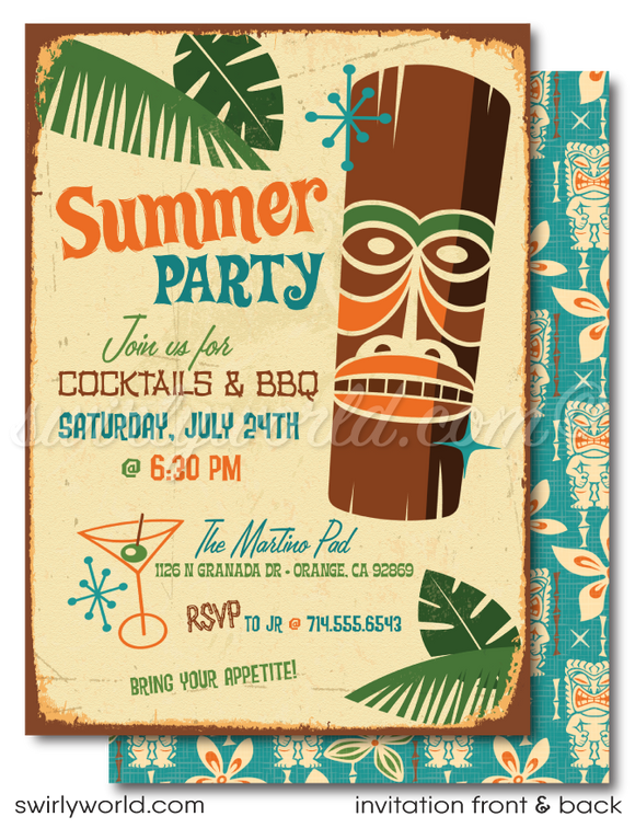 Retro atomic mid-century modern Hawaiian tiki surfer luau cocktail party invitations; digital invitation, thank you, & envelope design.