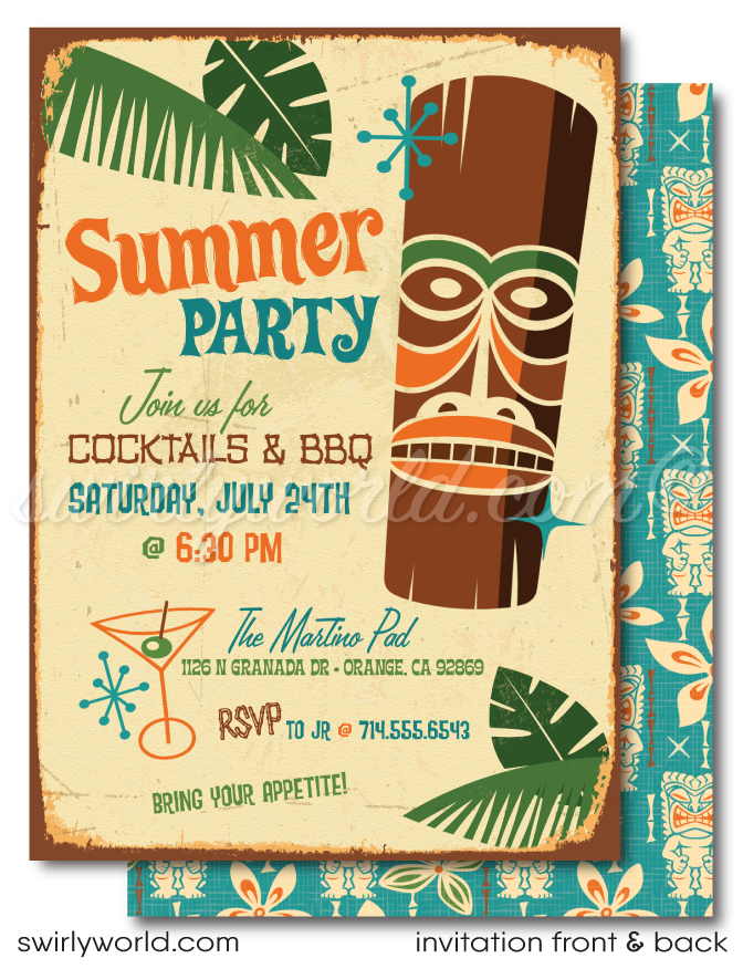 Retro 1960s Surfer mid-century modern Hawaiian tiki luau atomic cocktail summer party invitations; printed invitations & envelope design.