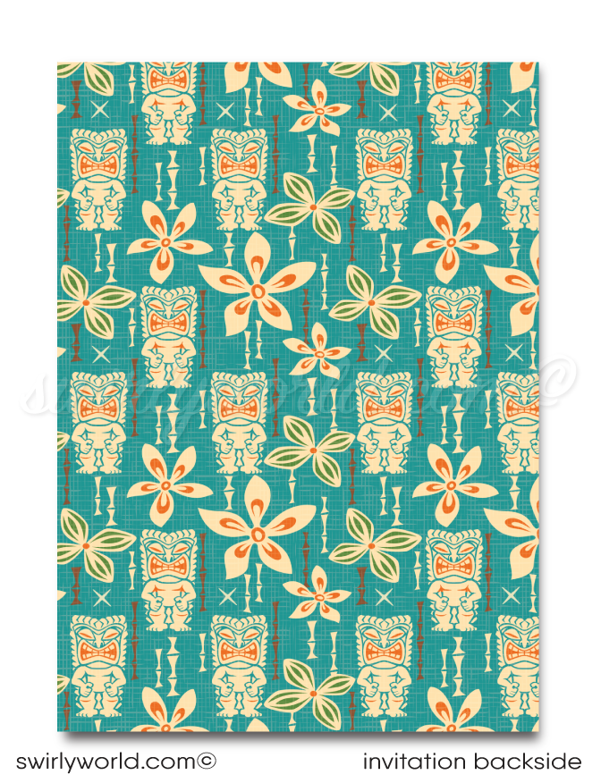 Retro 1960s Surfer mid-century modern Hawaiian tiki luau atomic cocktail summer party invitations; printed invitations & envelope design.
