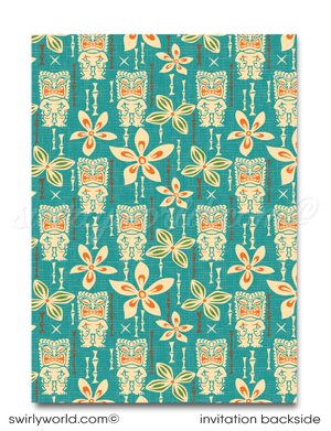 Retro 1960s Surfer mid-century modern Hawaiian tiki luau atomic cocktail summer party invitations; printed invitations & envelope design.