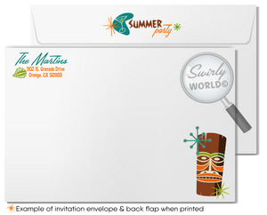 Retro 1960s Surfer mid-century modern Hawaiian tiki luau atomic cocktail summer party invitations; printed invitations & envelope design.