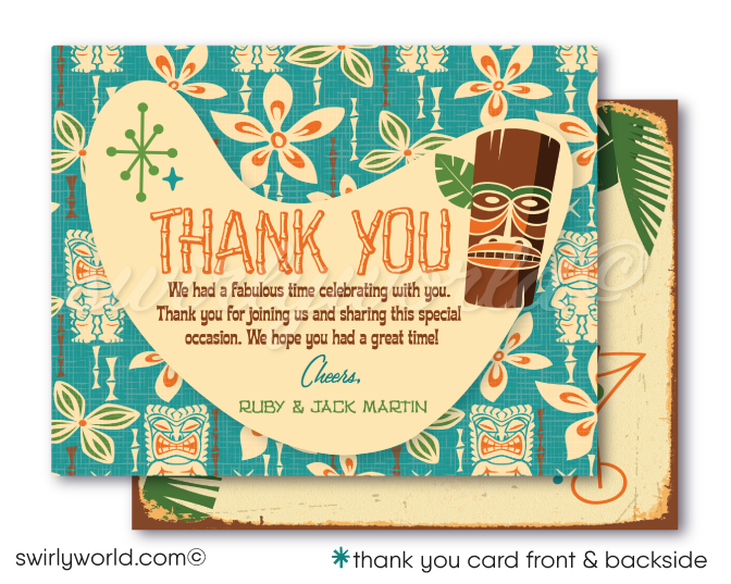 Retro atomic mid-century modern Hawaiian tiki surfer luau cocktail party invitations; digital invitation, thank you, & envelope design.