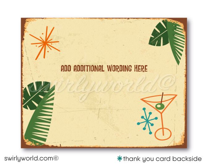 Retro 1960s Surfer mid-century modern Hawaiian tiki luau atomic cocktail summer party invitations; printed invitations & envelope design.