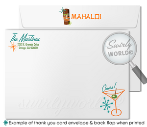 Retro 1960s Surfer mid-century modern Hawaiian tiki luau atomic cocktail summer party invitations; printed invitations & envelope design.