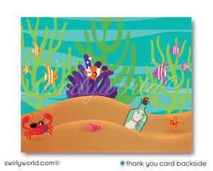 Mermaid and Pirate boy and girl "under the sea" swim aquarium ocean beach summer party invitations; digital invitation, thank yous, & envelope design.