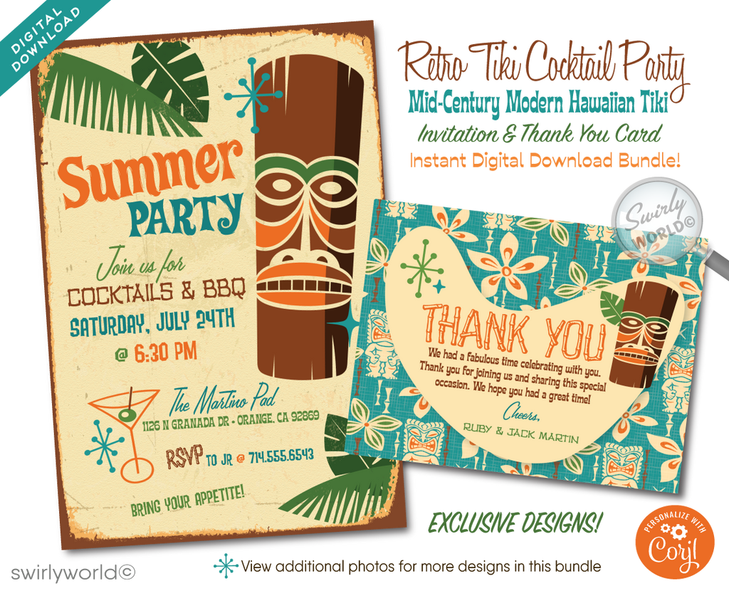 Take your luau party to the next level of retro swankiness with our cool mid-century Hawaiian Tiki Themed Invitation digital download set! With its infusion of 1950s-60s vintage charm and captivating mid-century atomic mod design, this digital birthday invitation bundle is a must-have for any Tiki Surf enthusiast who loves the 1960s exotica aesthetic.