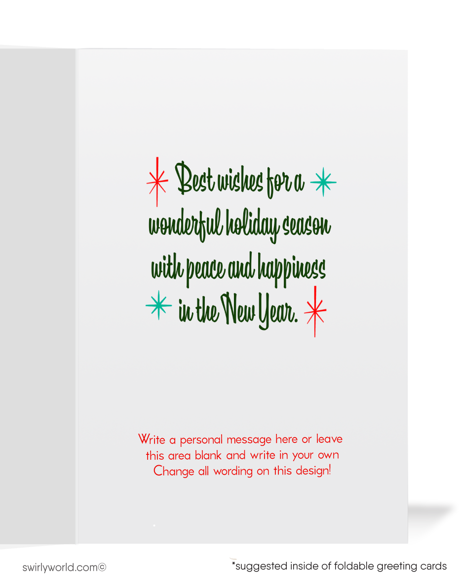 Vintage 1950s-1960s Christmas Card with Mid-Century Modern Trees and Atomic Starbursts