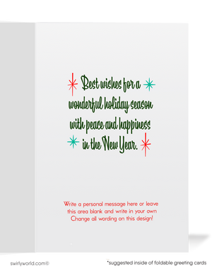 Vintage 1950s-1960s Christmas Card with Mid-Century Modern Trees and Atomic Starbursts