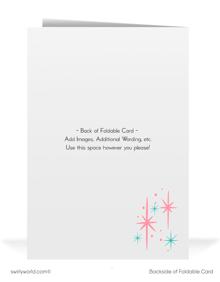 Vintage Atomic Era Christmas Card - 1950s Pink Bell on Retro Tree with Starbursts & Snowflakes