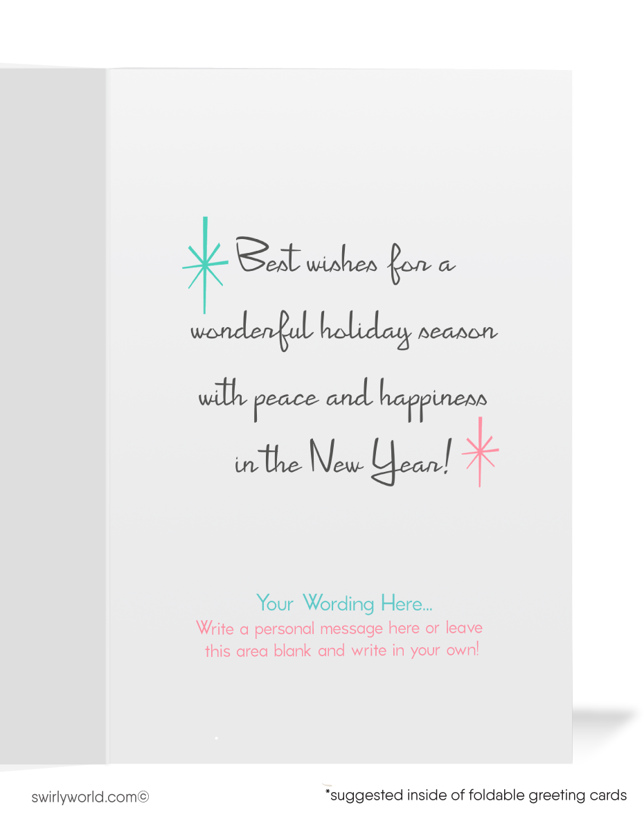 Vintage Atomic Era Christmas Card - 1950s Pink Bell on Retro Tree with Starbursts & Snowflakes