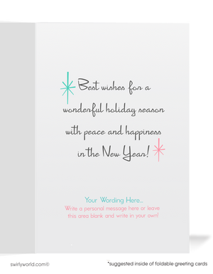 Vintage Atomic Era Christmas Card - 1950s Pink Bell on Retro Tree with Starbursts & Snowflakes