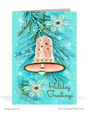 Vintage Atomic Era Christmas Card - 1950s Pink Bell on Retro Tree with Starbursts & Snowflakes