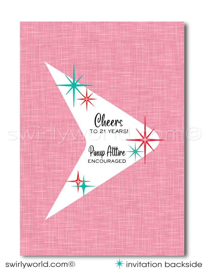 Step into the vibrant world of retro glamour with our Rockabilly Pinup Girl in a Martini Glass-themed birthday invitation and thank you card set. Perfect for those with a deep appreciation for the iconic Rockabilly style, this set promises to start your celebration on a note of vintage chic and undeniable flair.