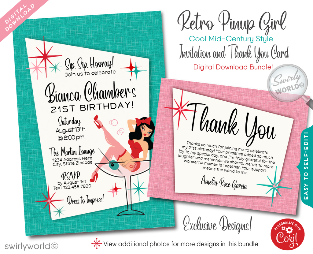 Step into the vibrant world of retro glamour with our Rockabilly Pinup Girl in a Martini Glass-themed birthday invitation and thank you card set. Perfect for those with a deep appreciation for the iconic Rockabilly style, this set promises to start your celebration on a note of vintage chic and undeniable flair.