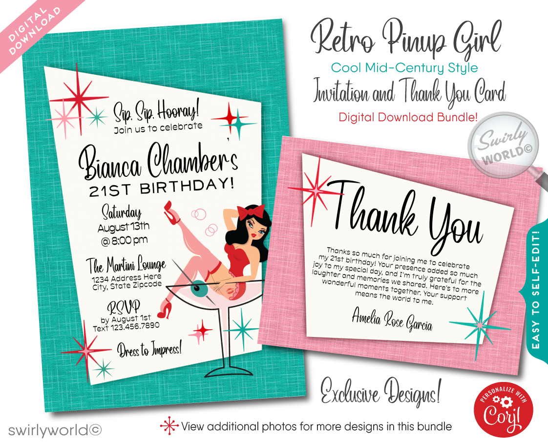 Step into the vibrant world of retro glamour with our Rockabilly Pinup Girl in a Martini Glass-themed birthday invitation and thank you card set. Perfect for those with a deep appreciation for the iconic Rockabilly style, this set promises to start your celebration on a note of vintage chic and undeniable flair.