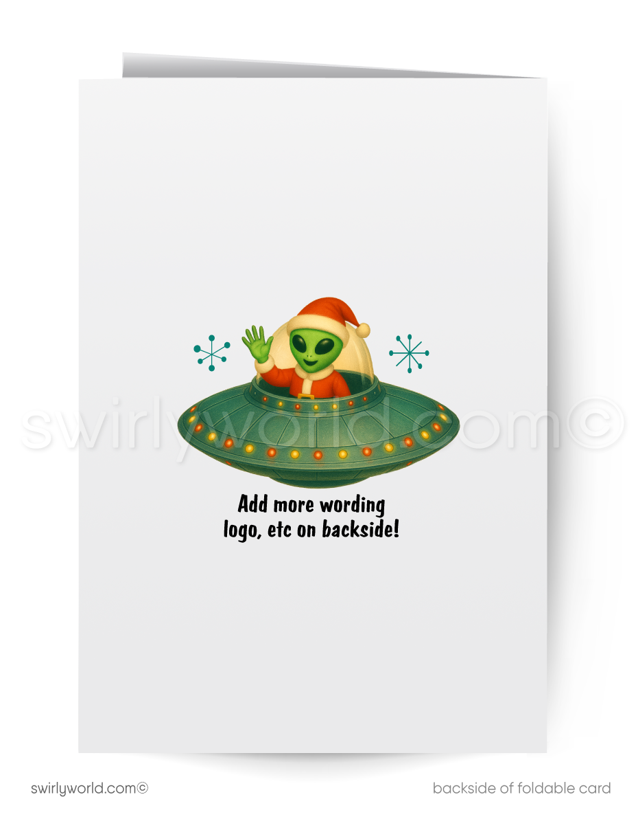 Greeting card with a cartoon alien in a UFO on the backside.