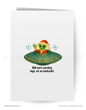 Greeting card with a cartoon alien in a UFO on the backside.