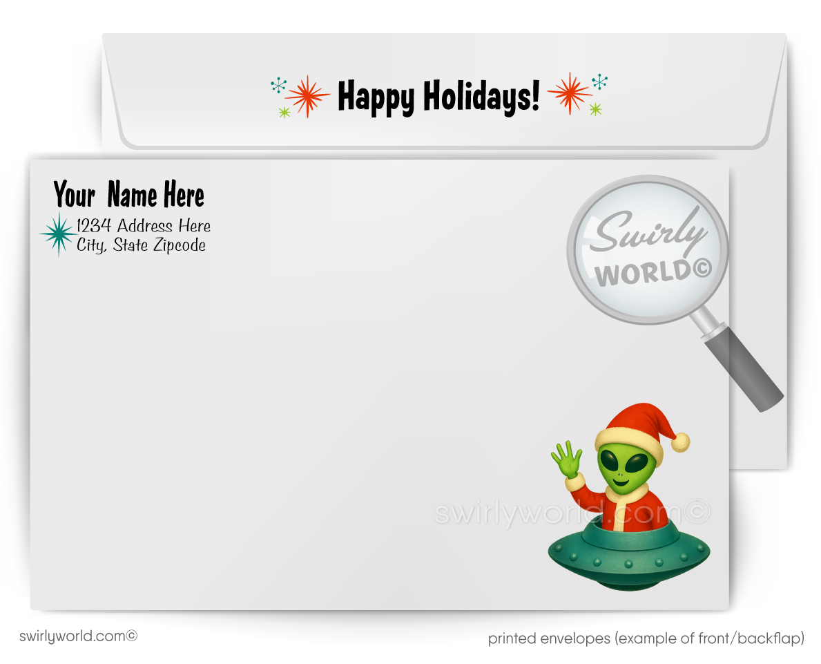 Holidays themed envelope with alien character and 'Swirly World' branding