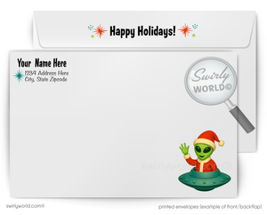 Holidays themed envelope with alien character and 'Swirly World' branding