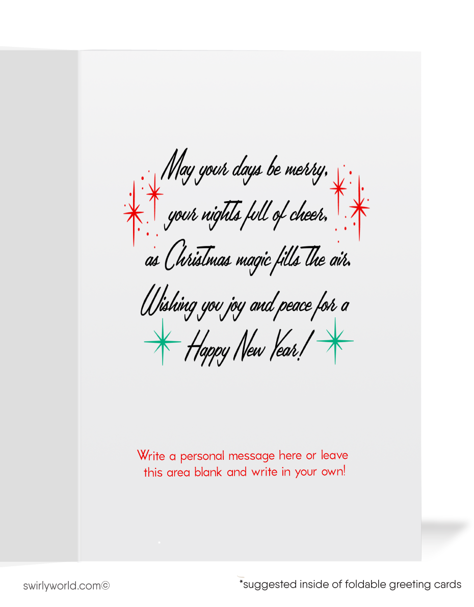 Celebrate vintage charm with a 1950s retro Christmas card featuring a kitschy Santa Claus, atomic starbursts, and a cheerful "Merry Christmas" message!