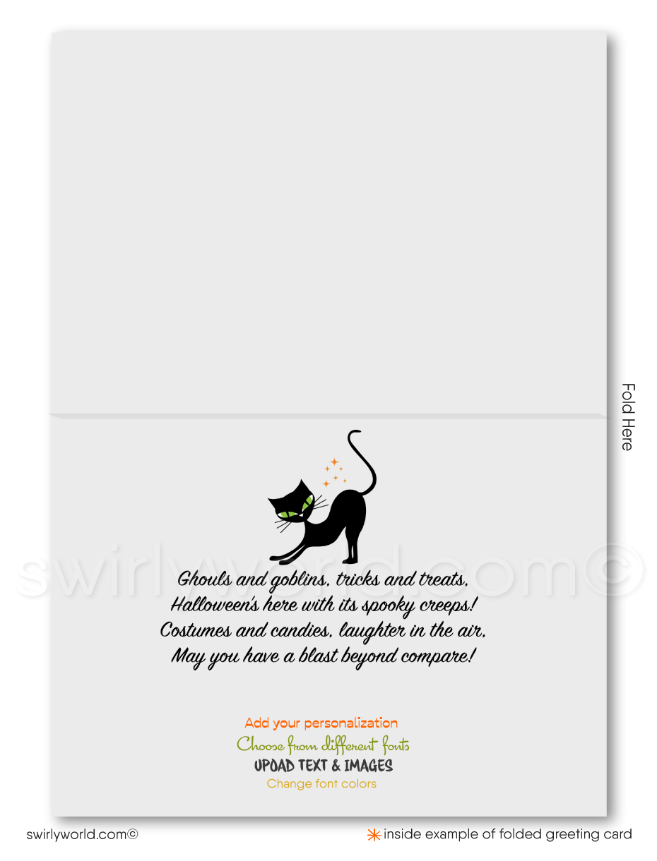 Enchant your clients with Swirly World's Mid-Century Atomic Halloween Greeting Card. Featuring a whimsical ghost, playful bats, and a retro haunted house with goblin silhouettes, this card is perfect for sending festive Halloween wishes. Customizable envelopes available for a personal touch!