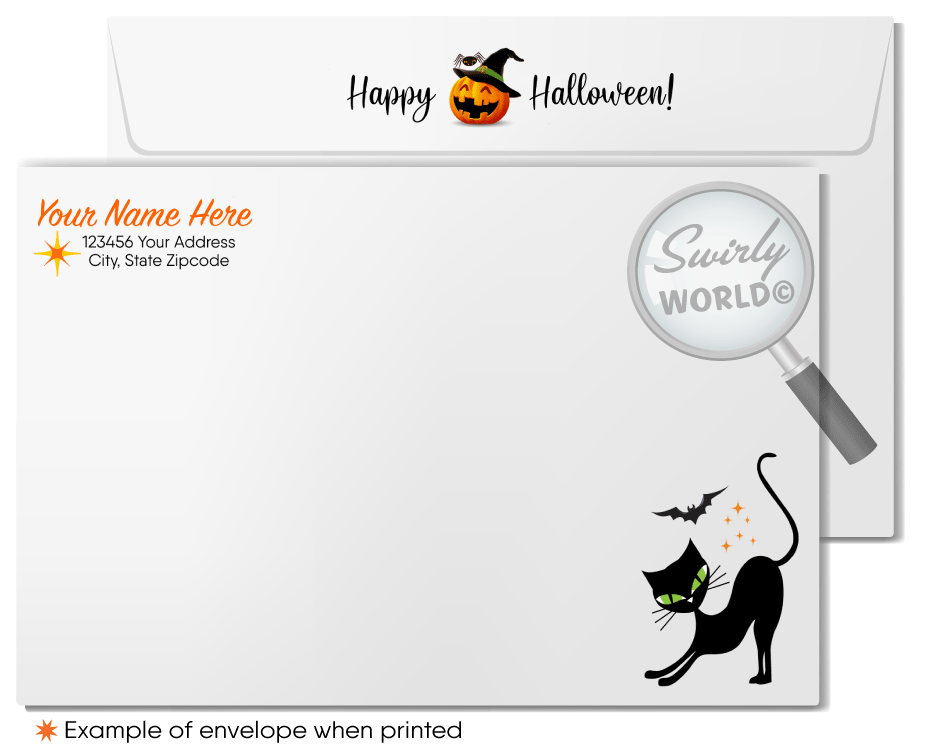 Retro Mid-Century Home with Ghost and Bats Atomic Black Cat Halloween Greeting Cards