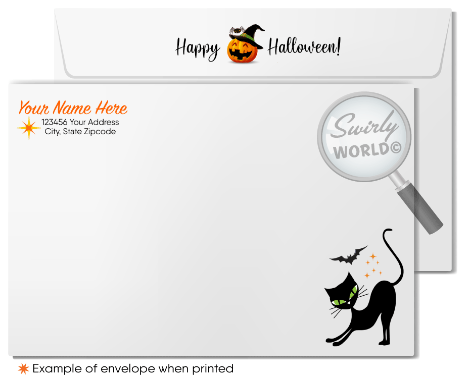Enchant your clients with Swirly World's Mid-Century Atomic Halloween Greeting Card. Featuring a whimsical ghost, playful bats, and a retro haunted house with goblin silhouettes, this card is perfect for sending festive Halloween wishes. Customizable envelopes available for a personal touch!