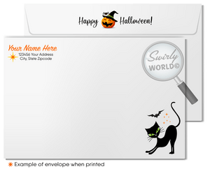 Enchant your clients with Swirly World's Mid-Century Atomic Halloween Greeting Card. Featuring a whimsical ghost, playful bats, and a retro haunted house with goblin silhouettes, this card is perfect for sending festive Halloween wishes. Customizable envelopes available for a personal touch!