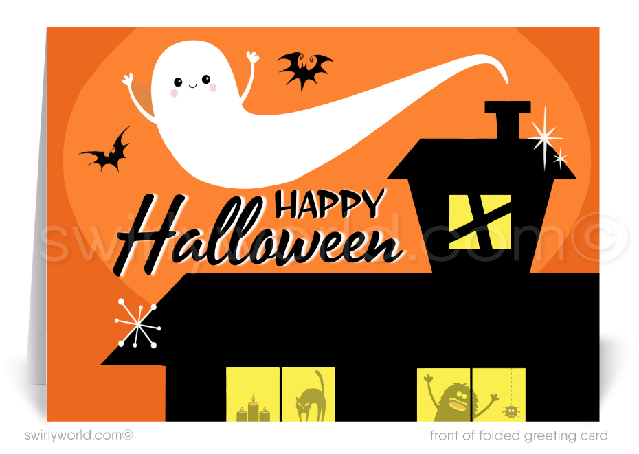 Retro Mid-Century Home with Ghost and Bats Atomic Black Cat Halloween Greeting Cards