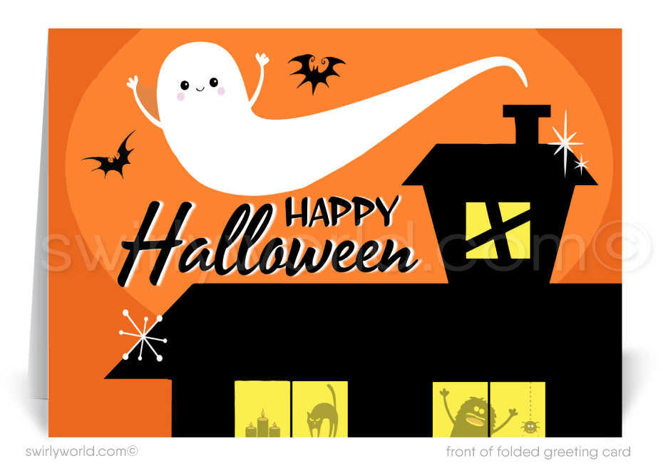 Enchant your clients with Swirly World's Mid-Century Atomic Halloween Greeting Card. Featuring a whimsical ghost, playful bats, and a retro haunted house with goblin silhouettes, this card is perfect for sending festive Halloween wishes. Customizable envelopes available for a personal touch!