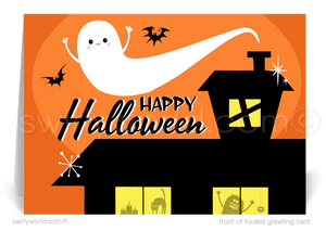 Enchant your clients with Swirly World's Mid-Century Atomic Halloween Greeting Card. Featuring a whimsical ghost, playful bats, and a retro haunted house with goblin silhouettes, this card is perfect for sending festive Halloween wishes. Customizable envelopes available for a personal touch!