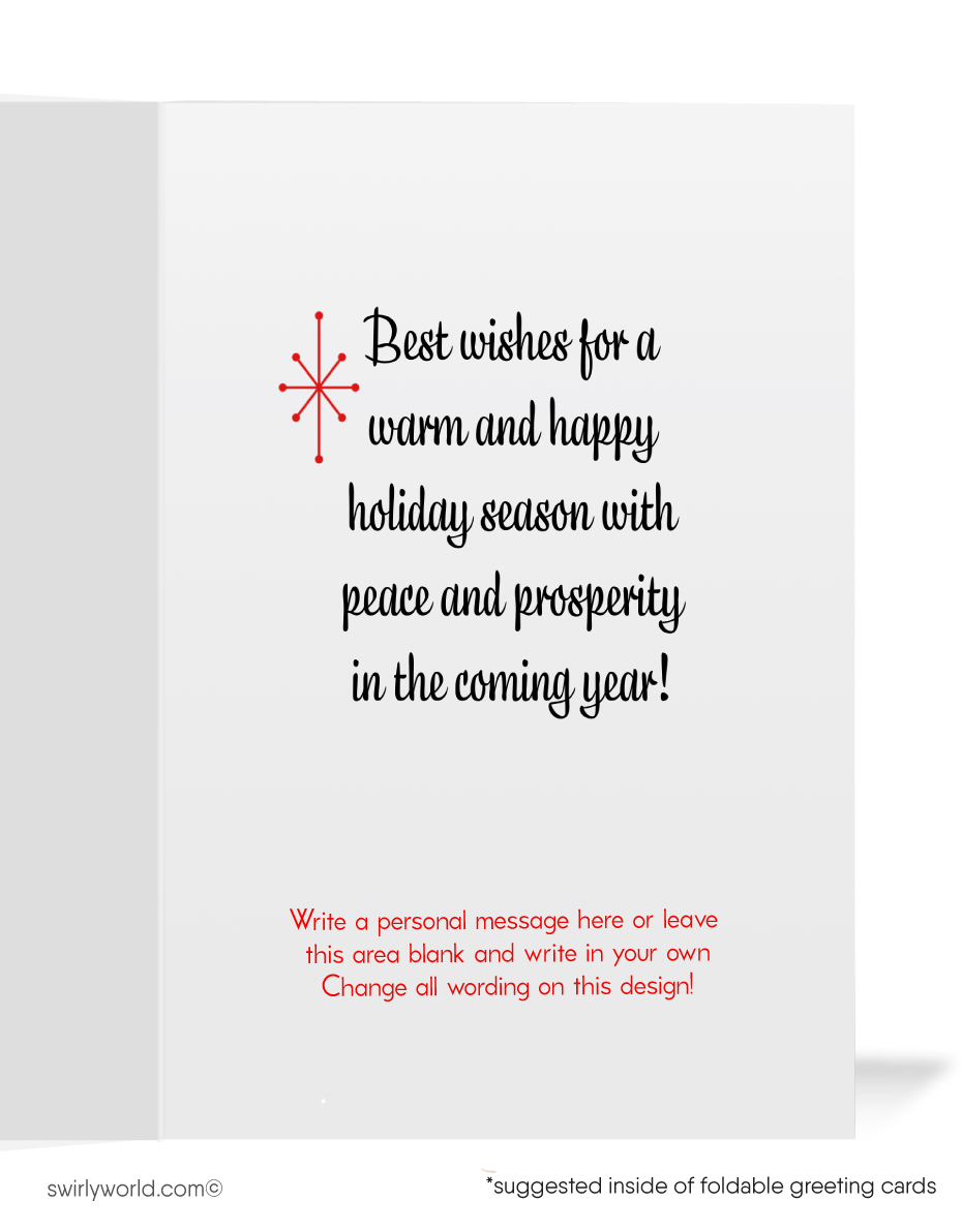 Celebrate the charm of yesteryear with a 1950s-style vintage Christmas card featuring Santa on the roof of a retro house and a realtor signpost. Nostalgic and unique!