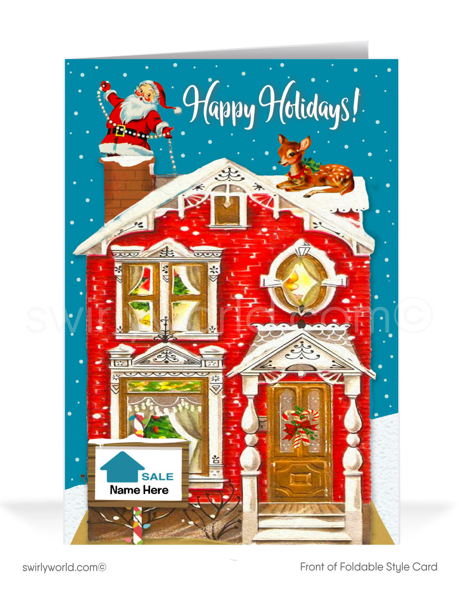 Celebrate the charm of yesteryear with a 1950s-style vintage Christmas card featuring Santa on the roof of a retro house and a realtor signpost. Nostalgic and unique!