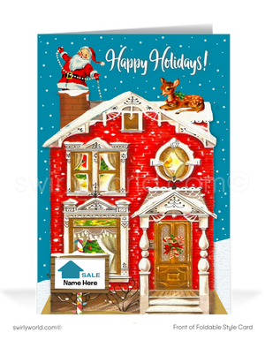 Celebrate the charm of yesteryear with a 1950s-style vintage Christmas card featuring Santa on the roof of a retro house and a realtor signpost. Nostalgic and unique!