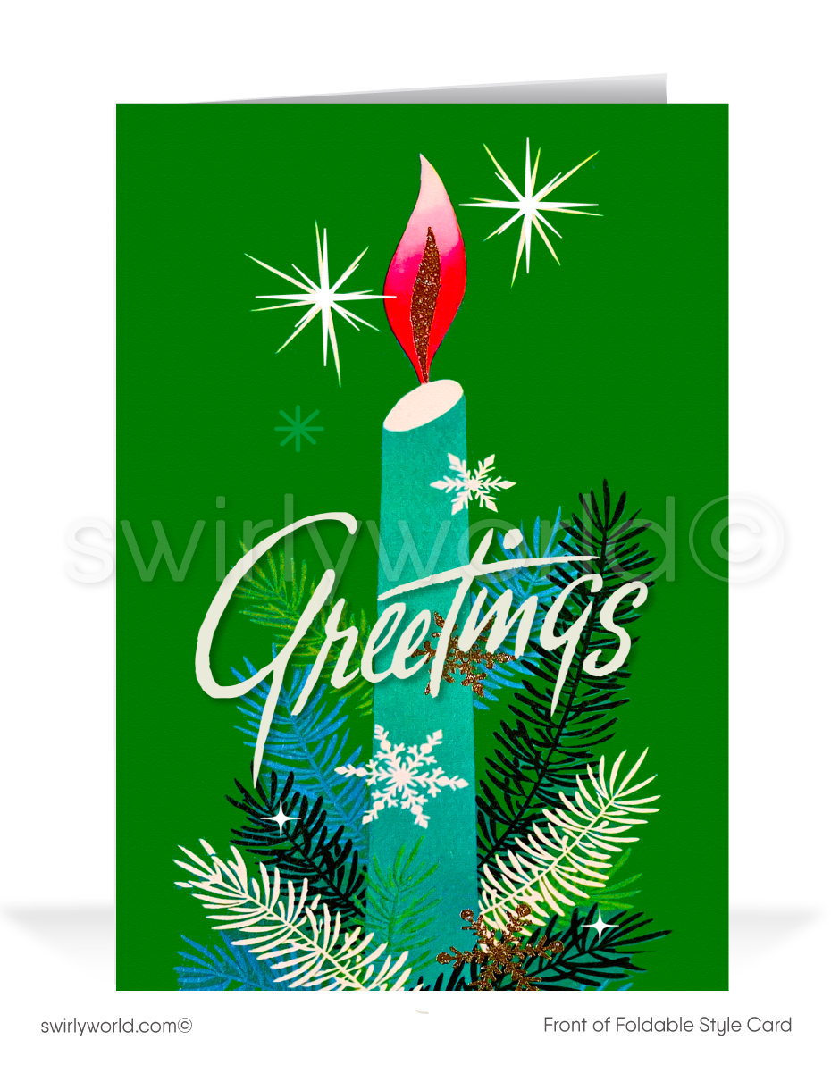 1950s-60s Vintage Mid-Century Christmas Card -Atomic Candle and Starbursts in MCM Colors