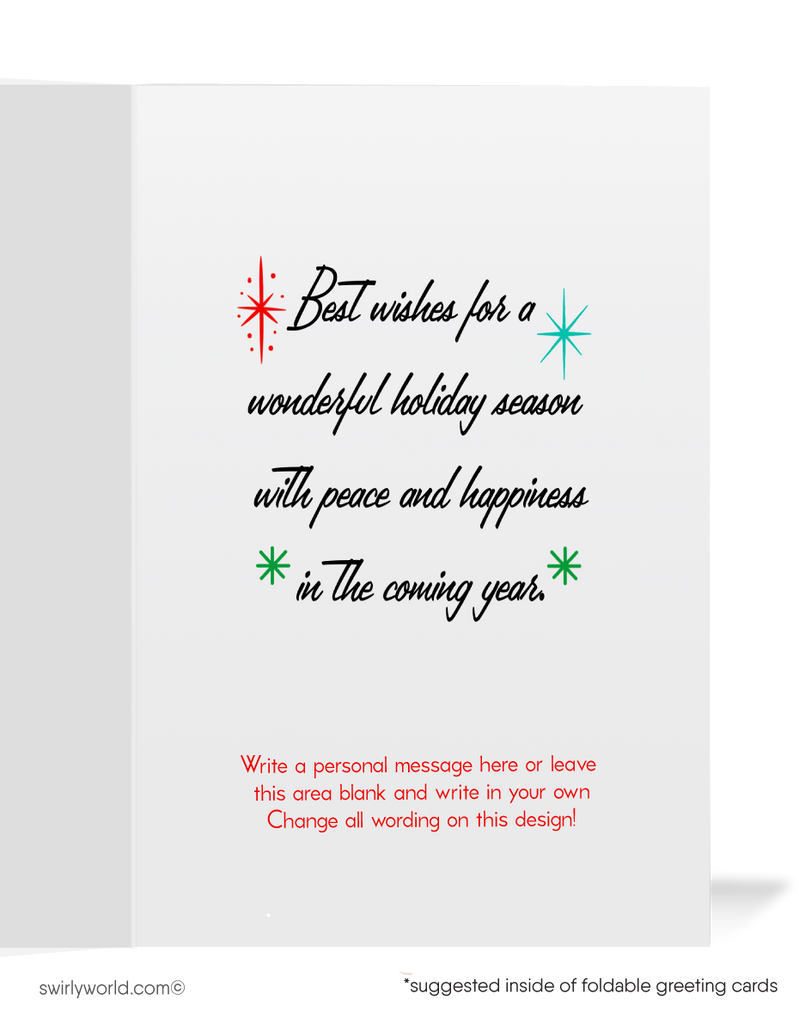 1950s-60s Vintage Mid-Century Christmas Card -Atomic Ornaments and Starbursts in MCM Colors