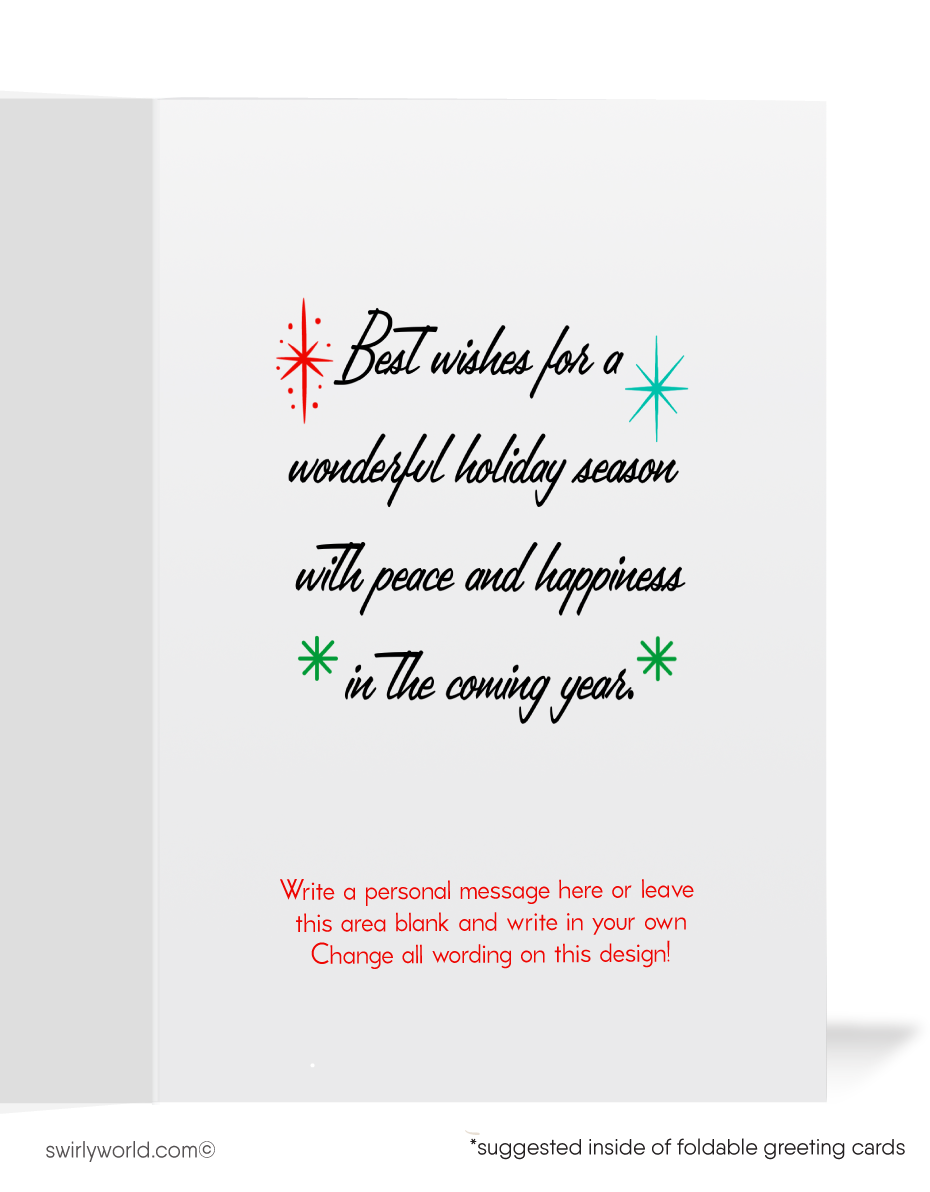 1950s-60s Vintage Mid-Century Christmas Card -Atomic Ornaments and Starbursts in MCM Colors