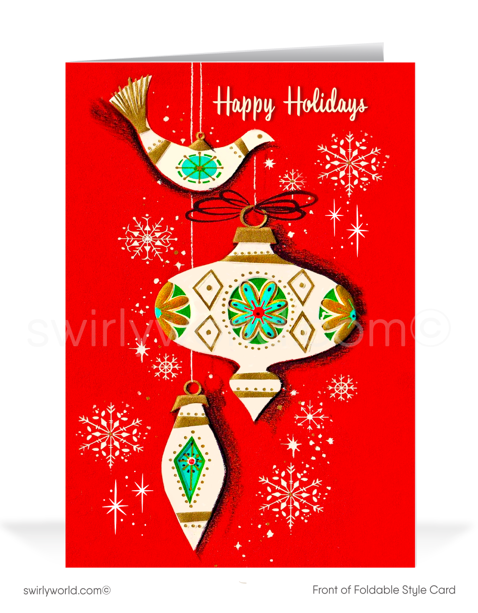 1950s-60s Vintage Mid-Century Christmas Card -Atomic Ornaments and Starbursts in MCM Colors