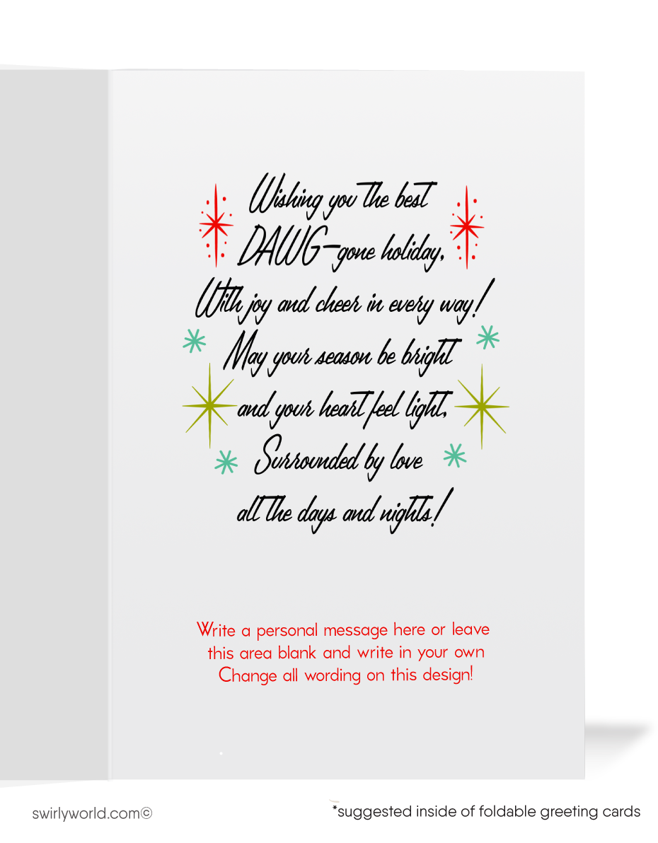 Celebrate the holidays with a vintage 1950s-style Christmas card featuring a kitschy puppy holding a candy cane. Retro charm and nostalgic holiday cheer!